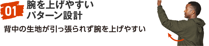 01 腕を上げやすいパターン設計 背中の生地が引っ張られず腕を上げやすい