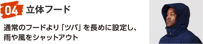 04 立体フード 通常のフードより「ツバ」を長めに設定し、雨や風をシャットアウト