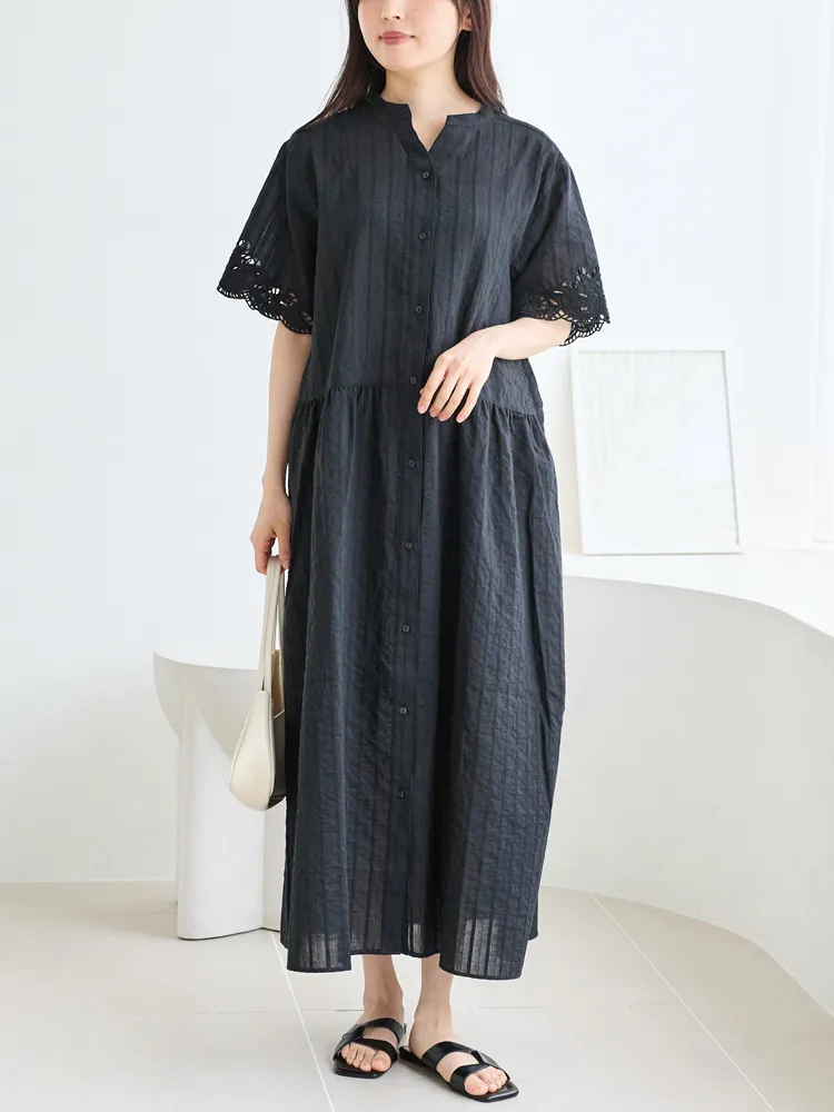 【LAVEANGE(ラビアンジェ)】袖刺繍ドビーストライプシャツワンピース
