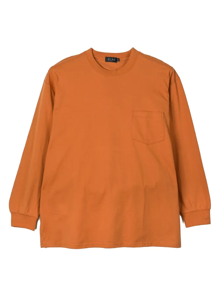 【EL.FO】無地ポケット付きタフ衿クルーネック長袖Tシャツ大きいサイズ