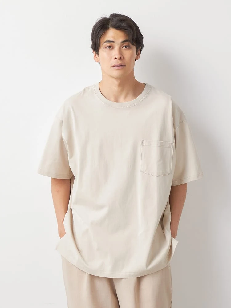 【EL.FO(エルフォ)】無地ポケット付きタフ衿クルーネック半袖Tシャツ