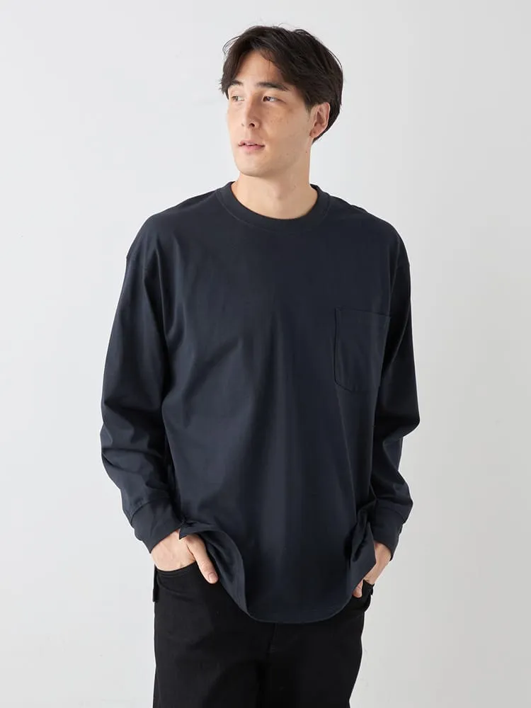 【EL.FO】無地ポケット付きタフ衿クルーネック長袖Tシャツ大きいサイズ