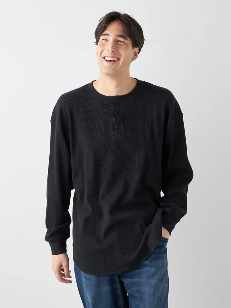 【EL.FO】無地ワッフル編みヘンリーネック長袖Tシャツ大きいサイズ