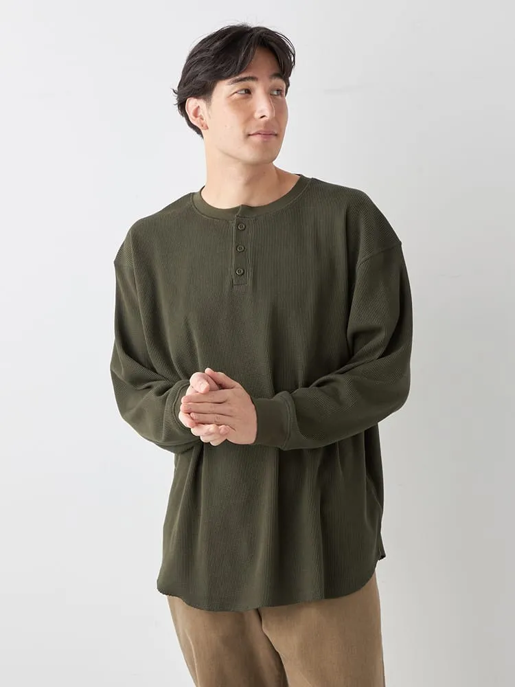【EL.FO】無地ワッフル編みヘンリーネック長袖Tシャツ大きいサイズ