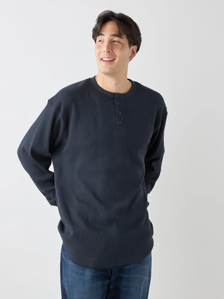 【EL.FO】無地ワッフル編みヘンリーネック長袖Tシャツ大きいサイズ
