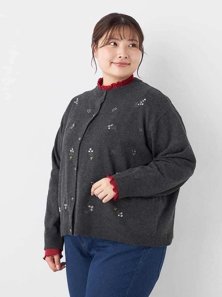 【NoJean(ノージーン)】花柄刺繍クルーカーディガン