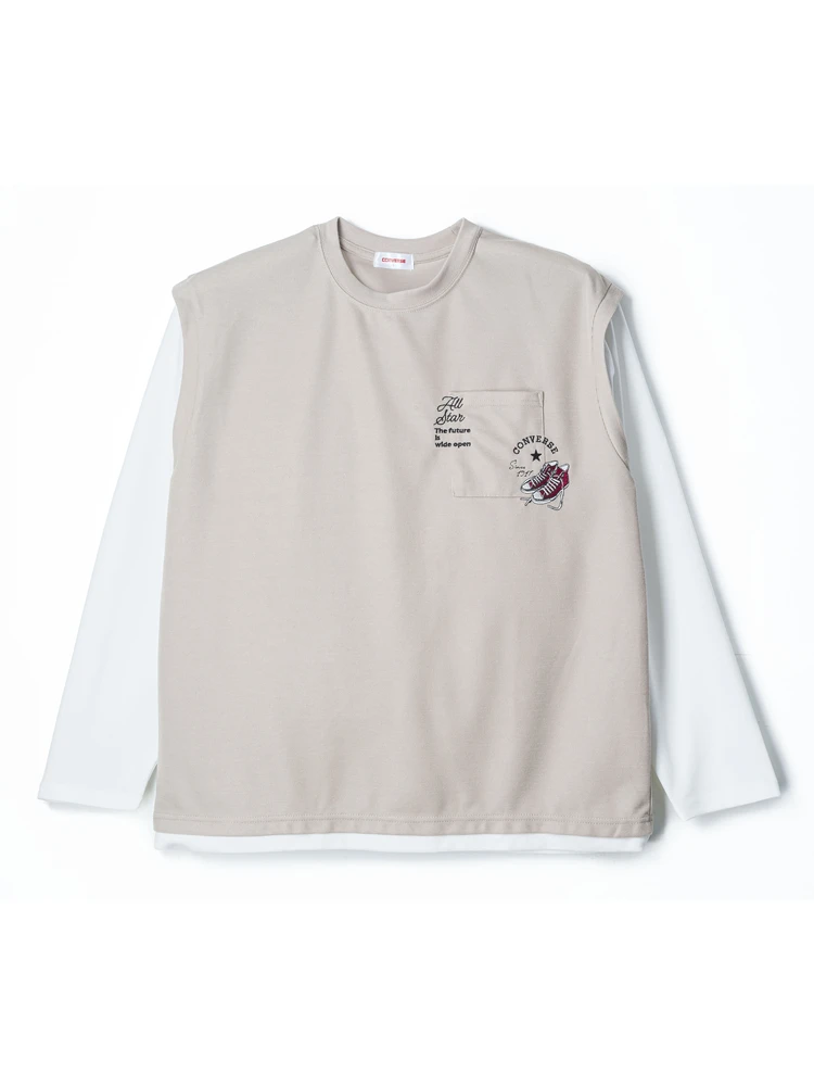 【CONVERSE(コンバース)】鹿の子ポケマタギ刺繍ベストフェイクレイヤードロングＴシャツ