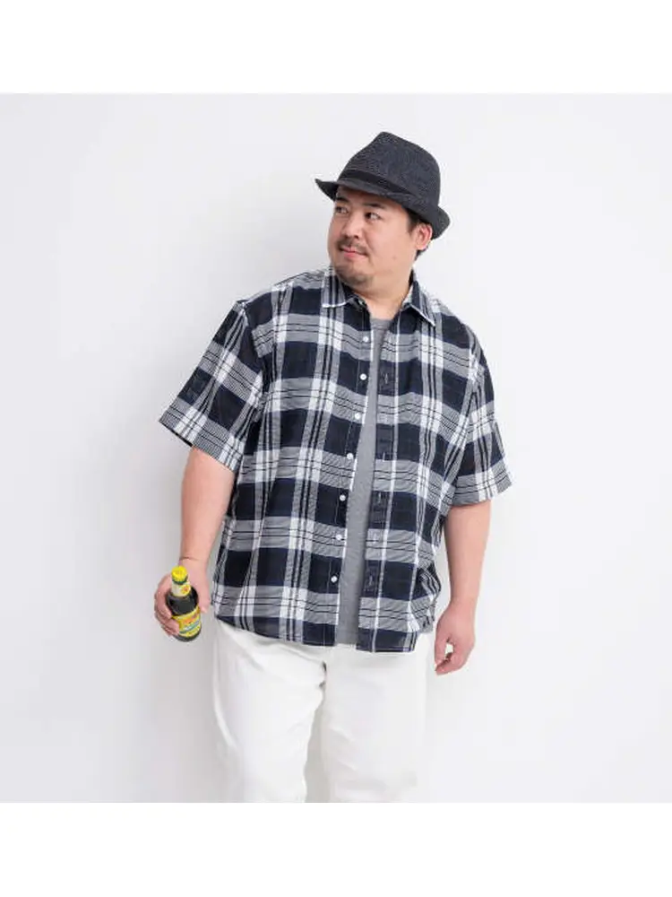【HbyFIGER(エイチバイフィガー)】メッシュチェックレギュラー半袖シャツ＊カタログ商品大きいサイズ