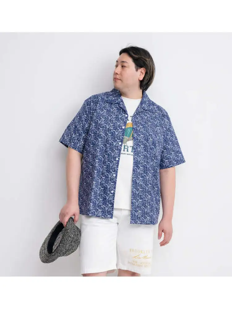 【HbyFIGER(エイチバイフィガー)】裏使い総柄プリントオープン半袖シャツ＊カタログ商品大きいサイズ