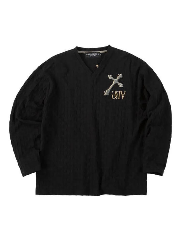 【GLADIATE】刺繍ブロックジャガード長袖VネックTシャツ＊カタログ商品大きいサイズ